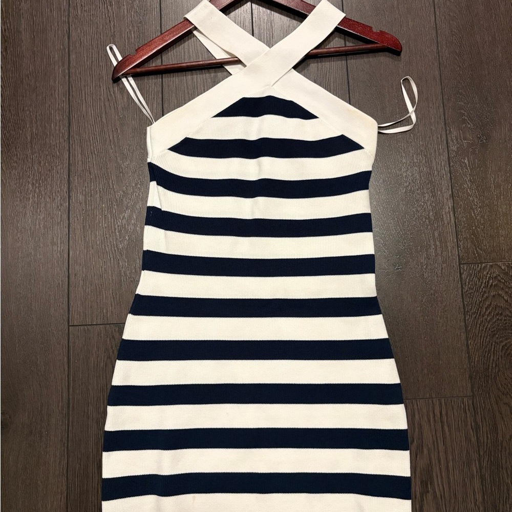 Aritzia Blue and White Halter Sheath Mini Dress